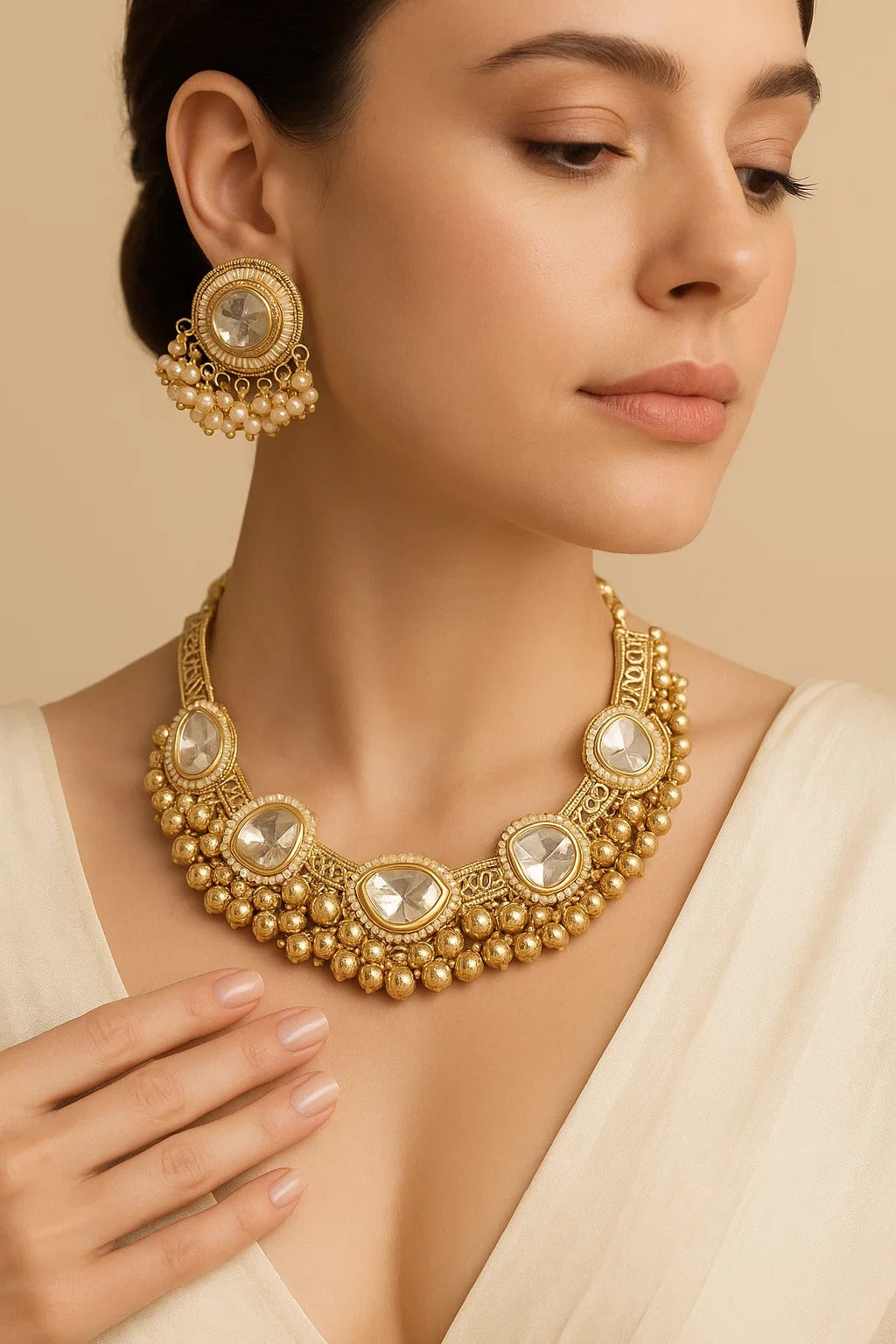 Classic Golden Kundan Pearl Choker Necklace Set